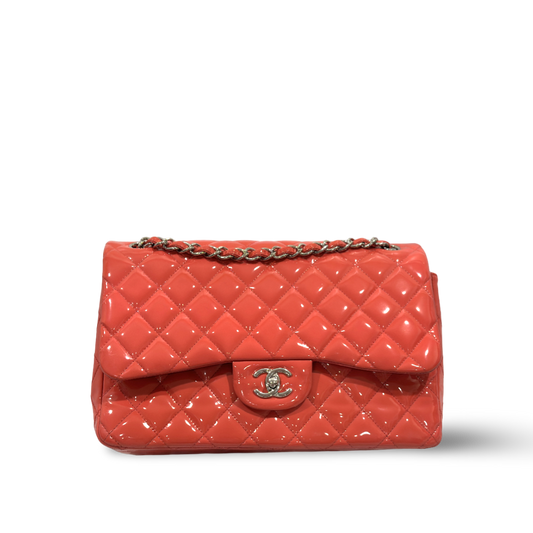 Chanel Classic Patent Quilted Jumbo Double Flap Peach Pink