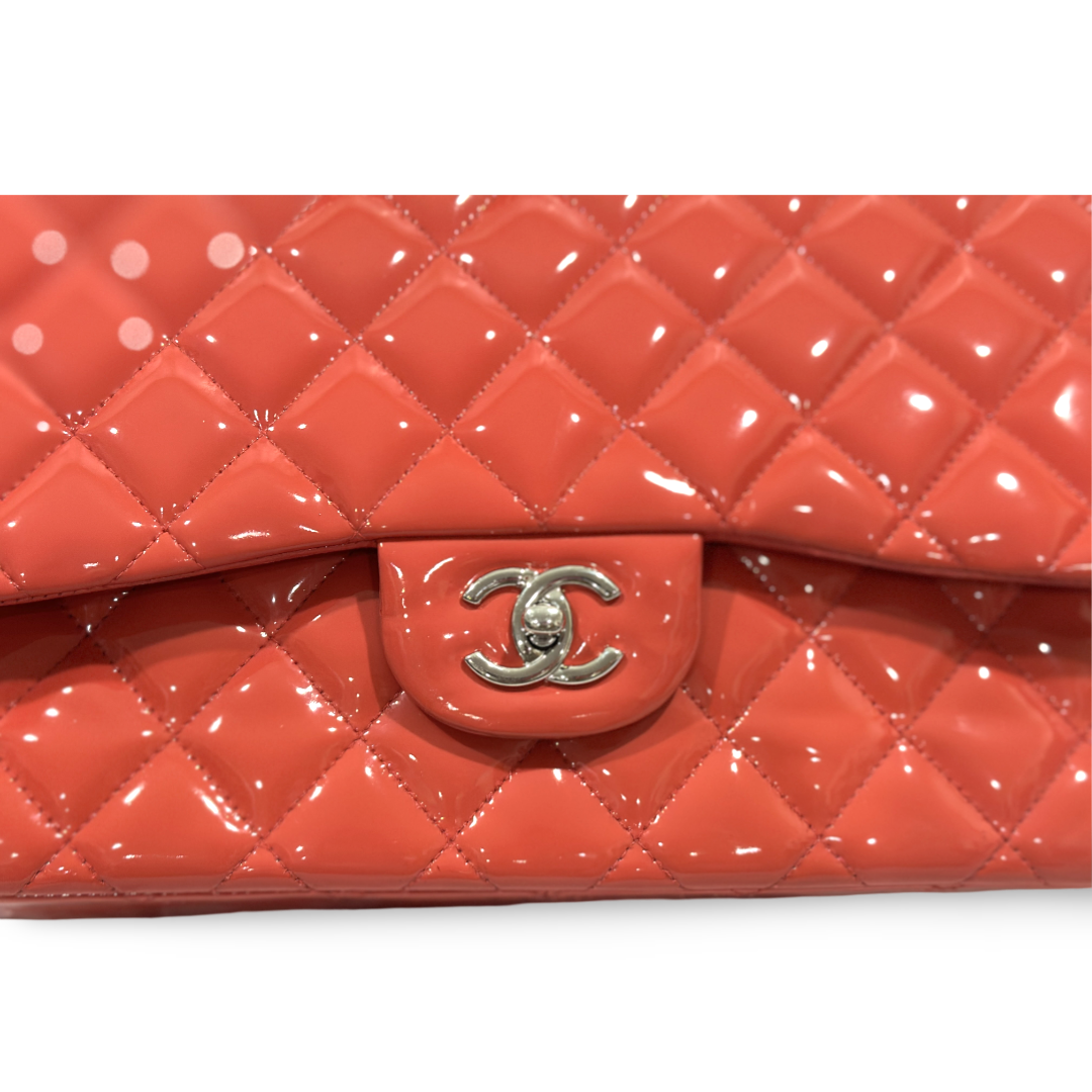 Chanel Classic Patent Quilted Jumbo Double Flap Peach Pink