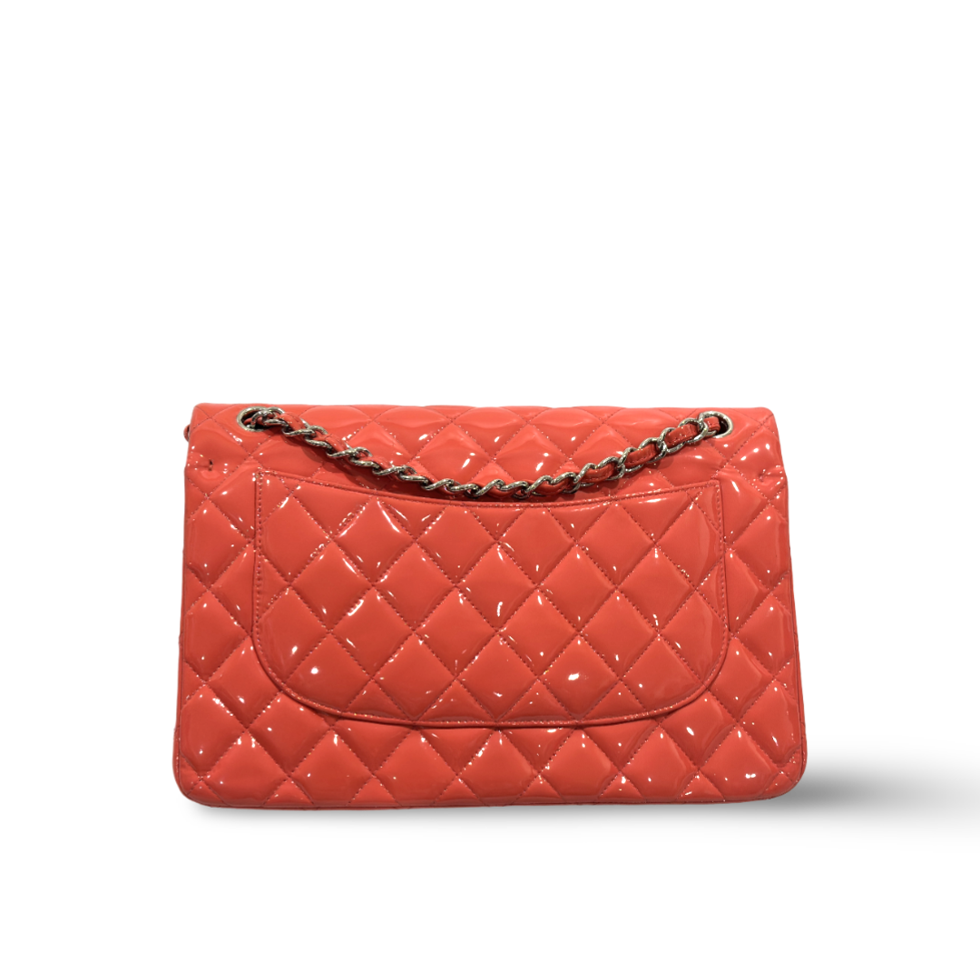 Chanel Classic Patent Quilted Jumbo Double Flap Peach Pink