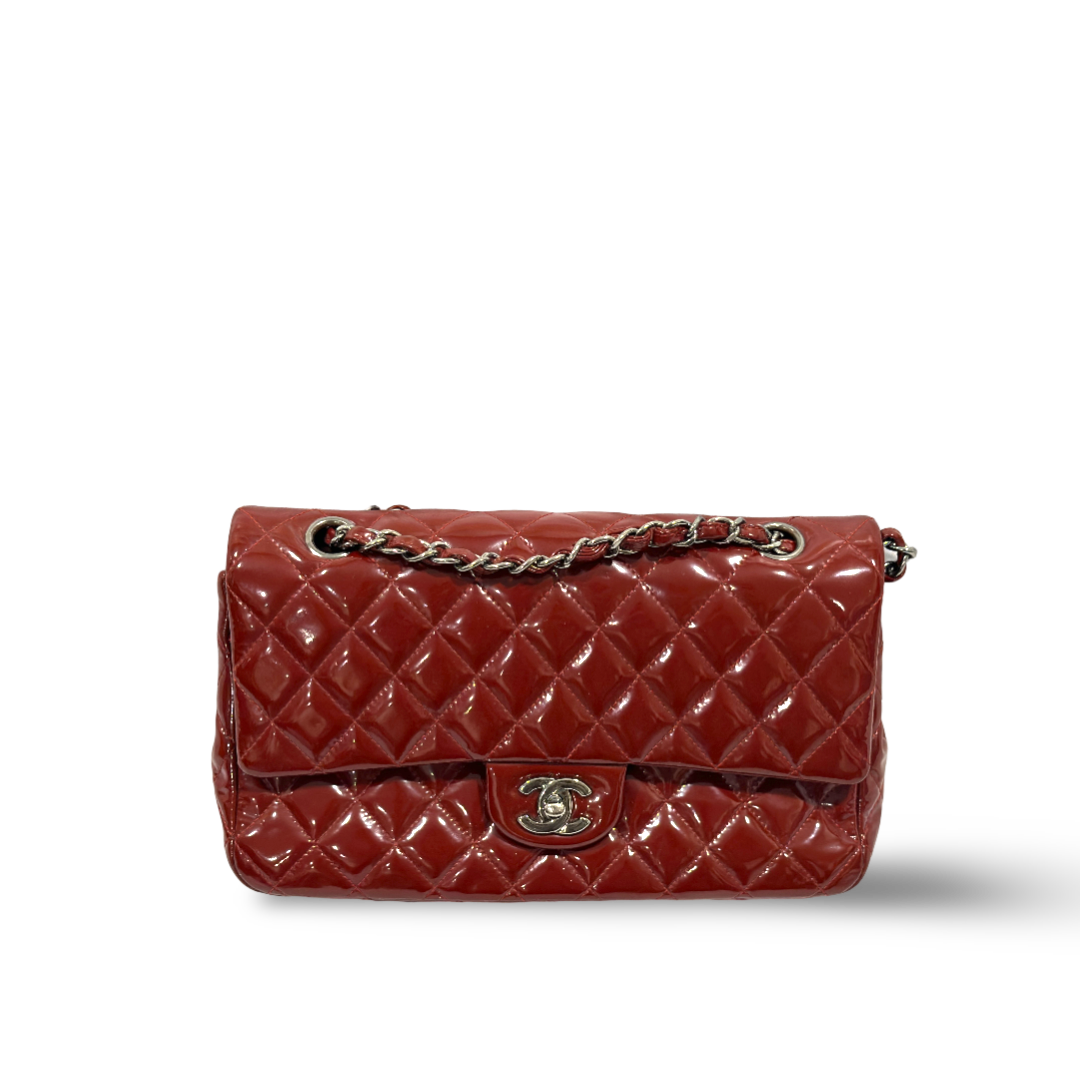 Chanel Classic Patent Quilted Medium Double Flap Wine Red