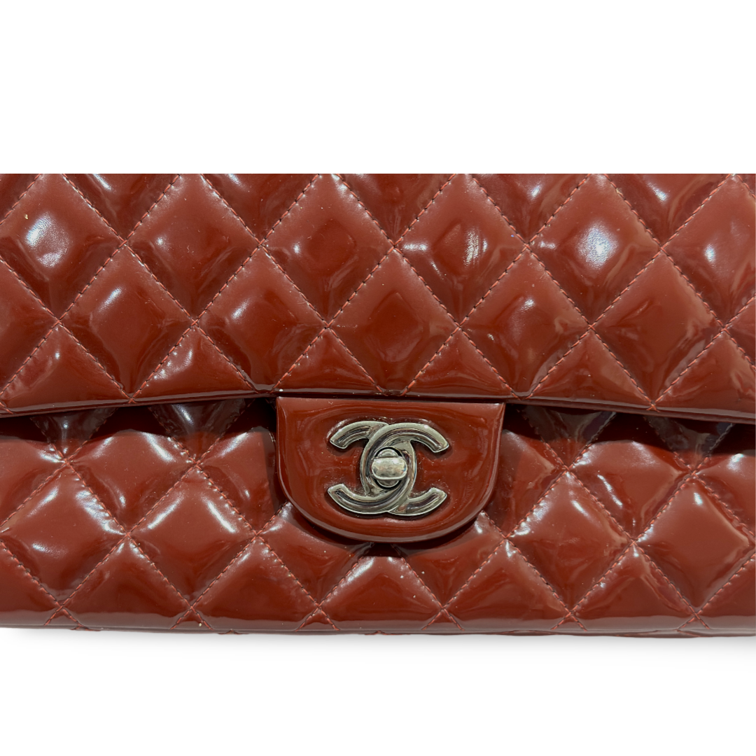 Chanel Classic Patent Quilted Medium Double Flap Wine Red