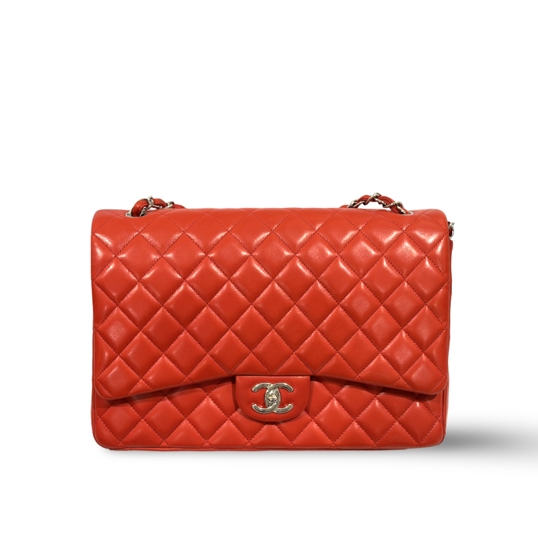 Chanel Classic Lambskin Quilted Maxi Double Flap Orange Red