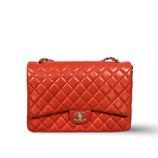 Chanel Classic Lambskin Quilted Maxi Double Flap Orange Red