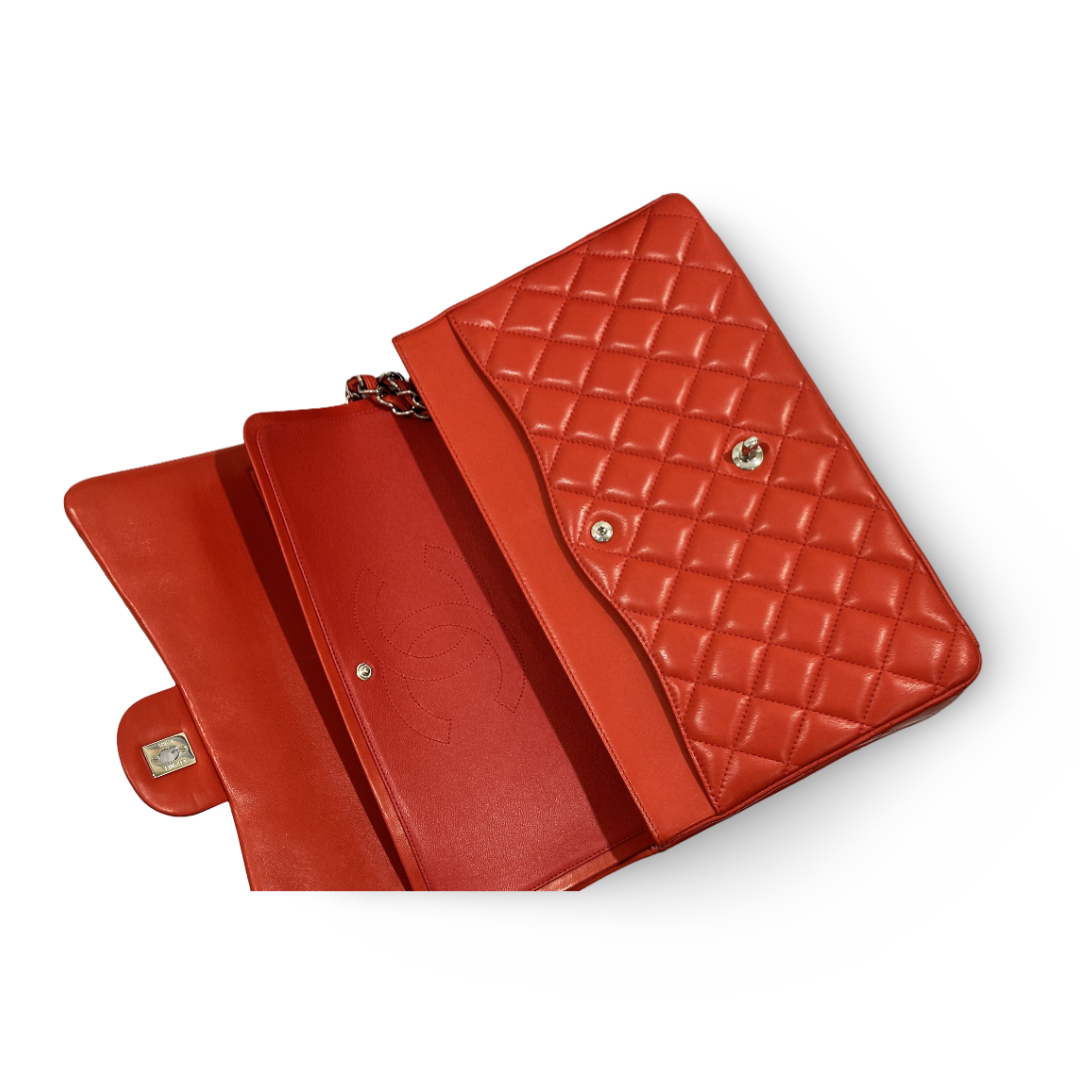 Chanel Classic Lambskin Quilted Maxi Double Flap Orange Red