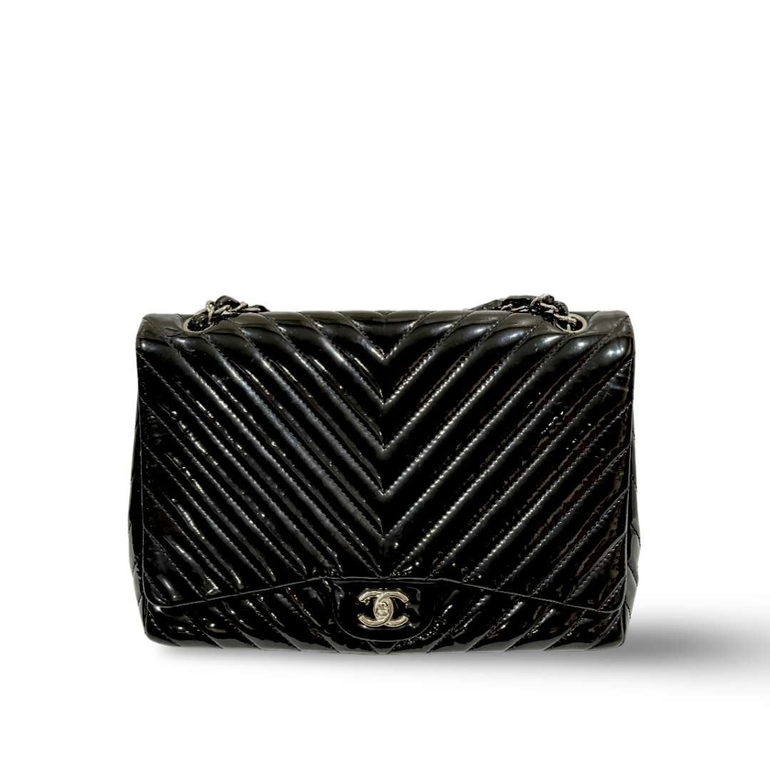 Chanel Chevron Patent Quilted Jumbo Single Flap Black