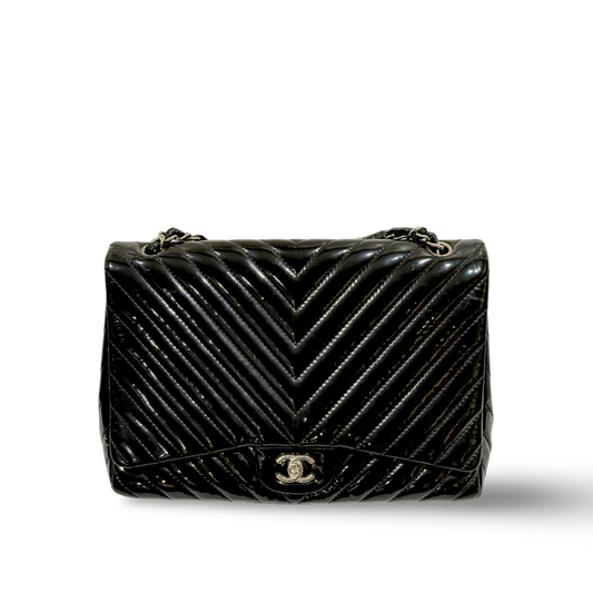 Chanel Chevron Patent Quilted Jumbo Single Flap Black