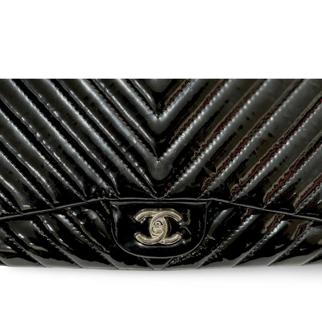Chanel Chevron Patent Quilted Jumbo Single Flap Black
