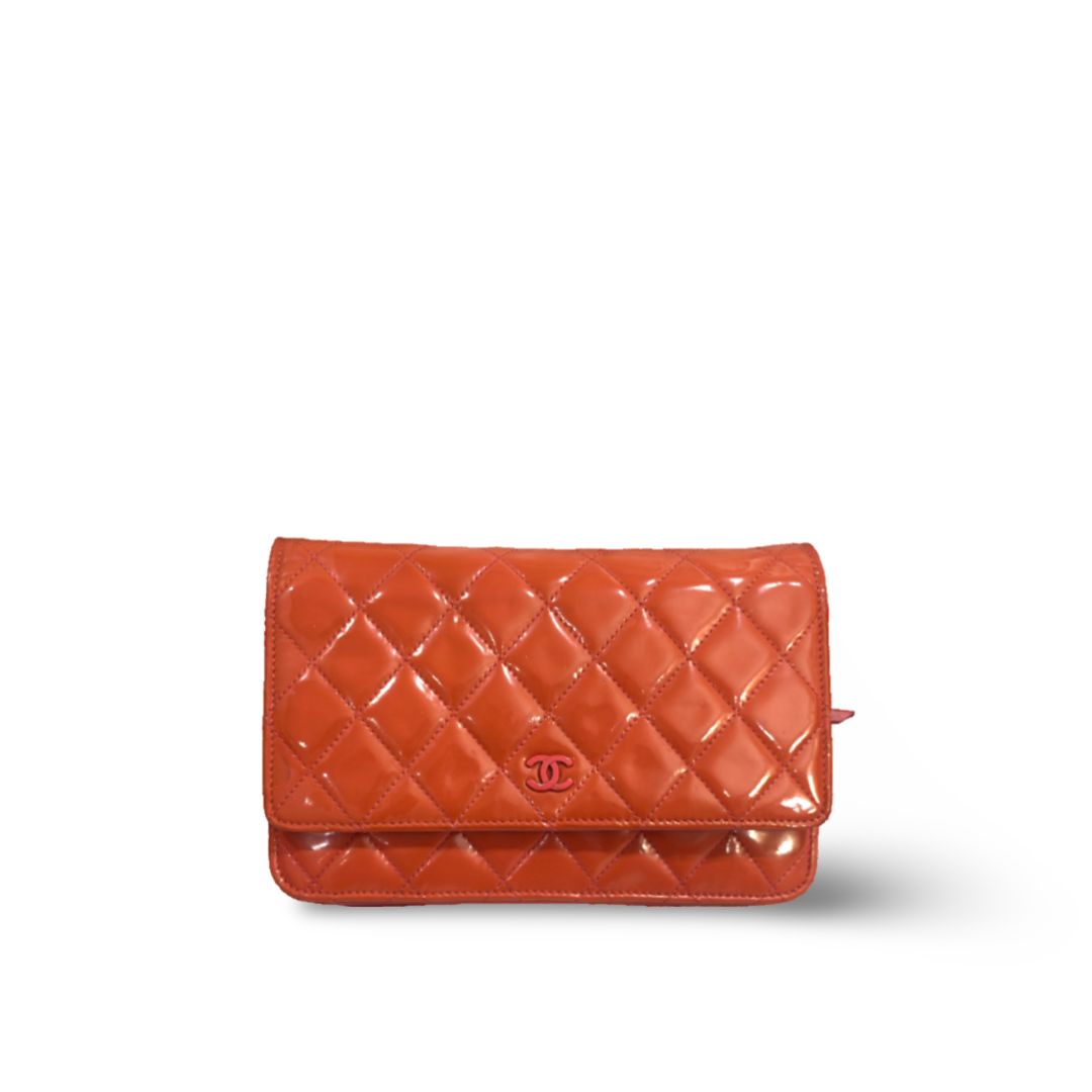 Chanel Classic Patent Quilted Wallet On Chain WOC Bag Orange