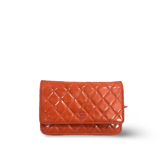 Chanel Classic Patent Quilted Wallet On Chain WOC Bag Orange