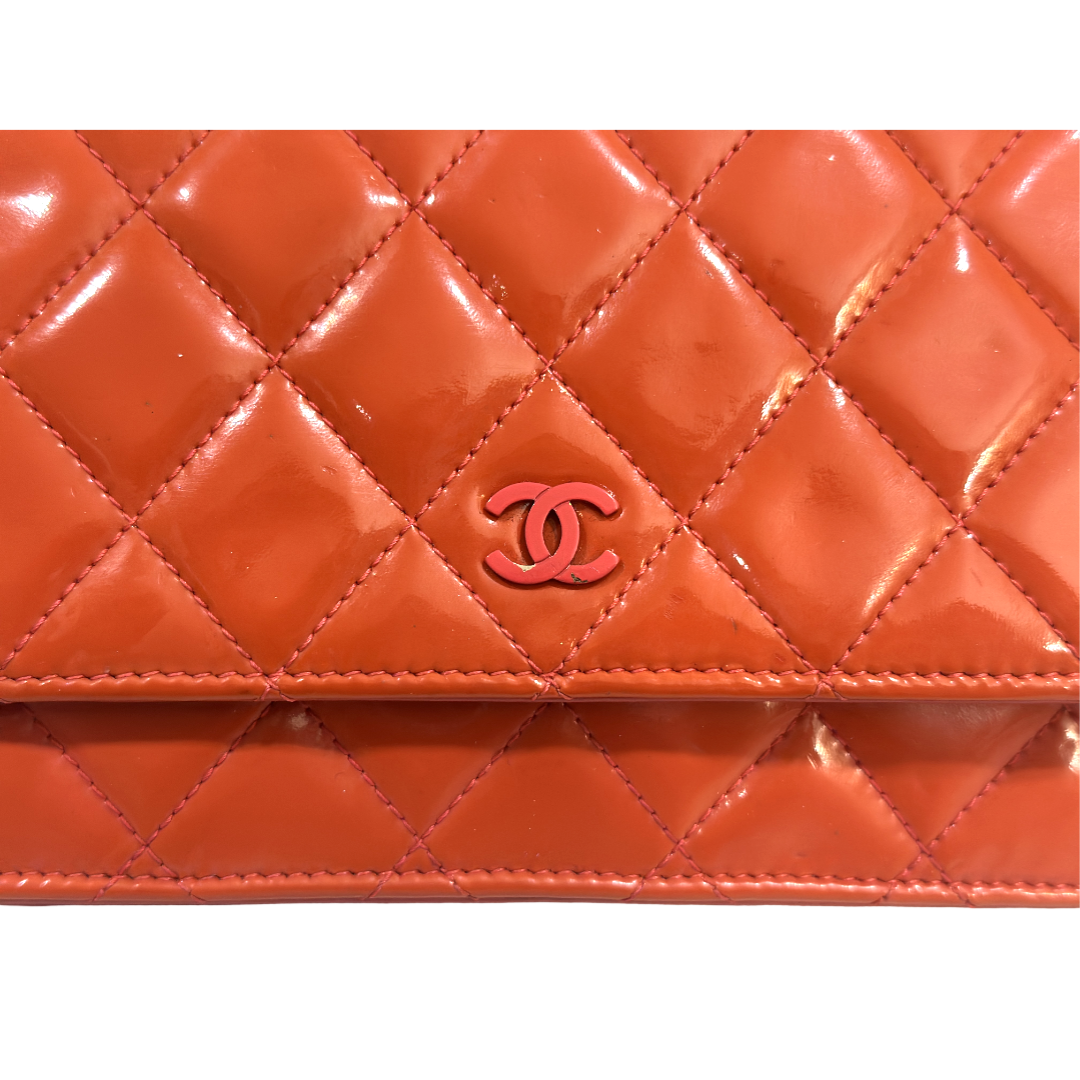 Chanel Classic Patent Quilted Wallet On Chain WOC Bag Orange