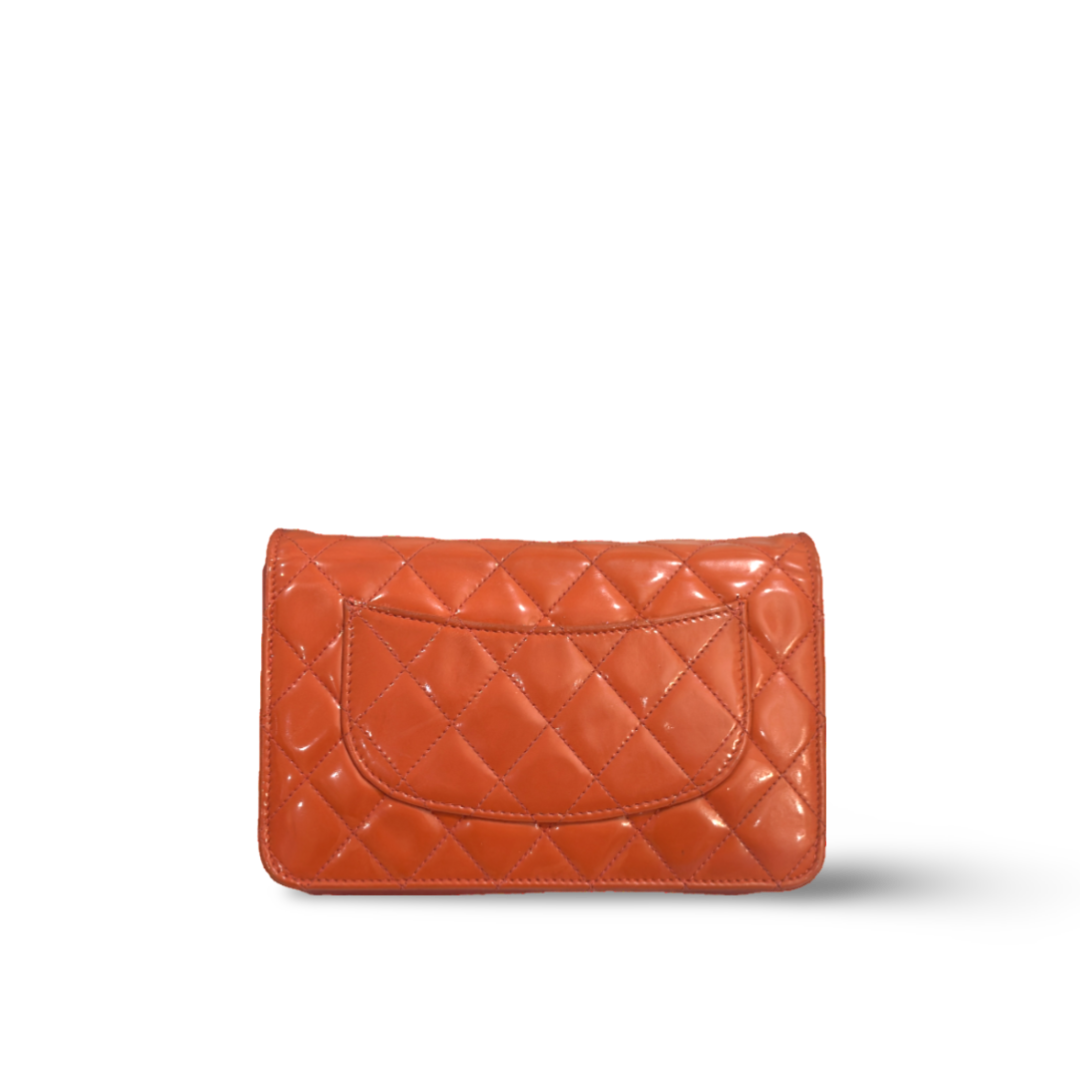 Chanel Classic Patent Quilted Wallet On Chain WOC Bag Orange