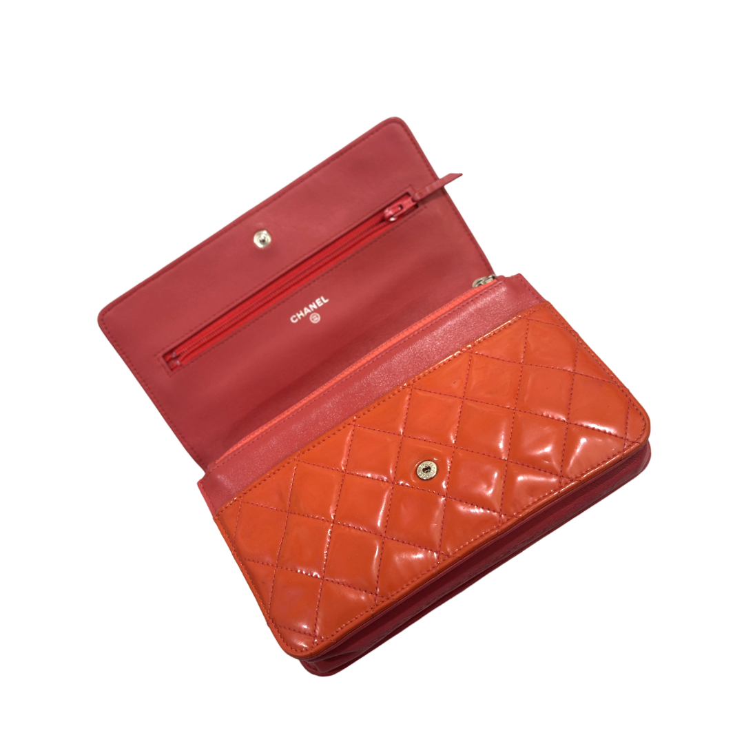 Chanel Classic Patent Quilted Wallet On Chain WOC Bag Orange
