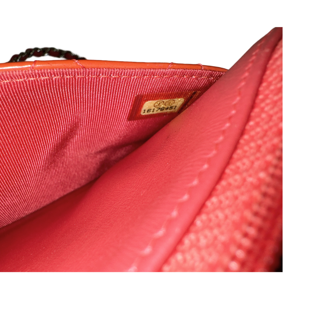 Chanel Classic Patent Quilted Wallet On Chain WOC Bag Orange