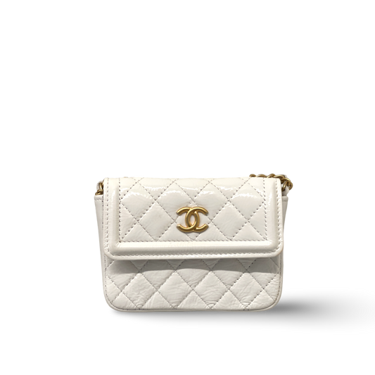 Chanel Shiny Aged Calfskin Quilted Waist Belt Bag White