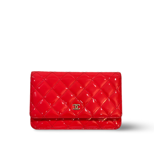 Chanel Classic Patent Quilted Wallet On Chain WOC Peach Pink