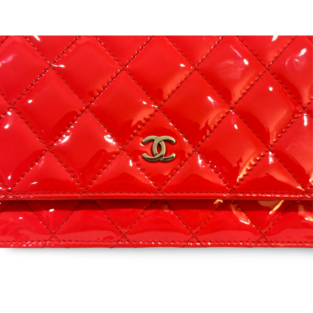 Chanel Classic Patent Quilted Wallet On Chain WOC Peach Pink
