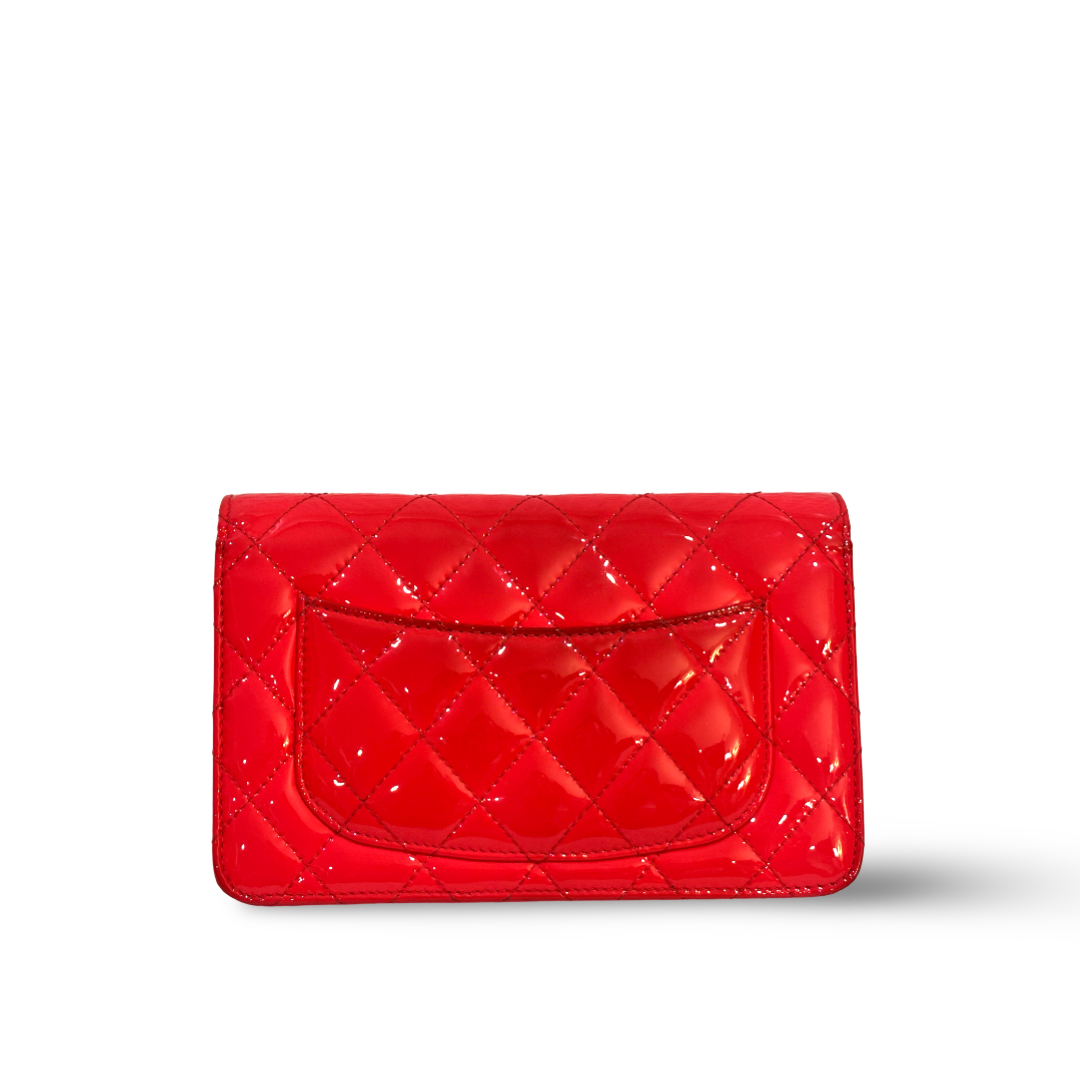 Chanel Classic Patent Quilted Wallet On Chain WOC Peach Pink