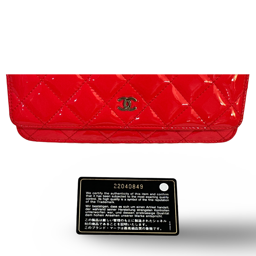 Chanel Classic Patent Quilted Wallet On Chain WOC Peach Pink
