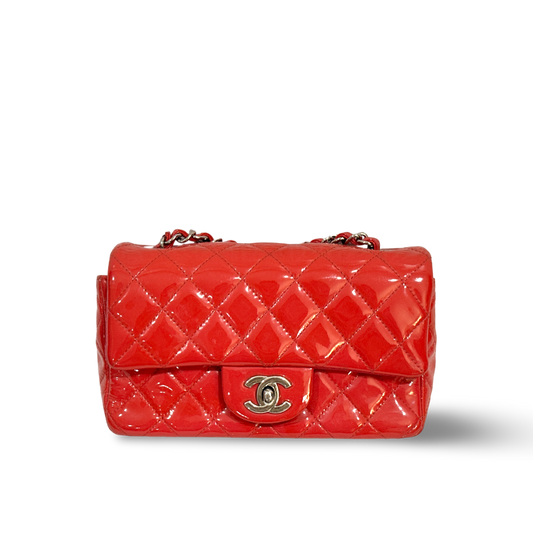 Chanel Classic Patent Quilted Mini Rectangular Single Flap Peach Pink