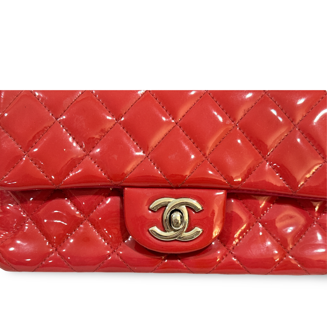 Chanel Classic Patent Quilted Mini Rectangular Single Flap Peach Pink