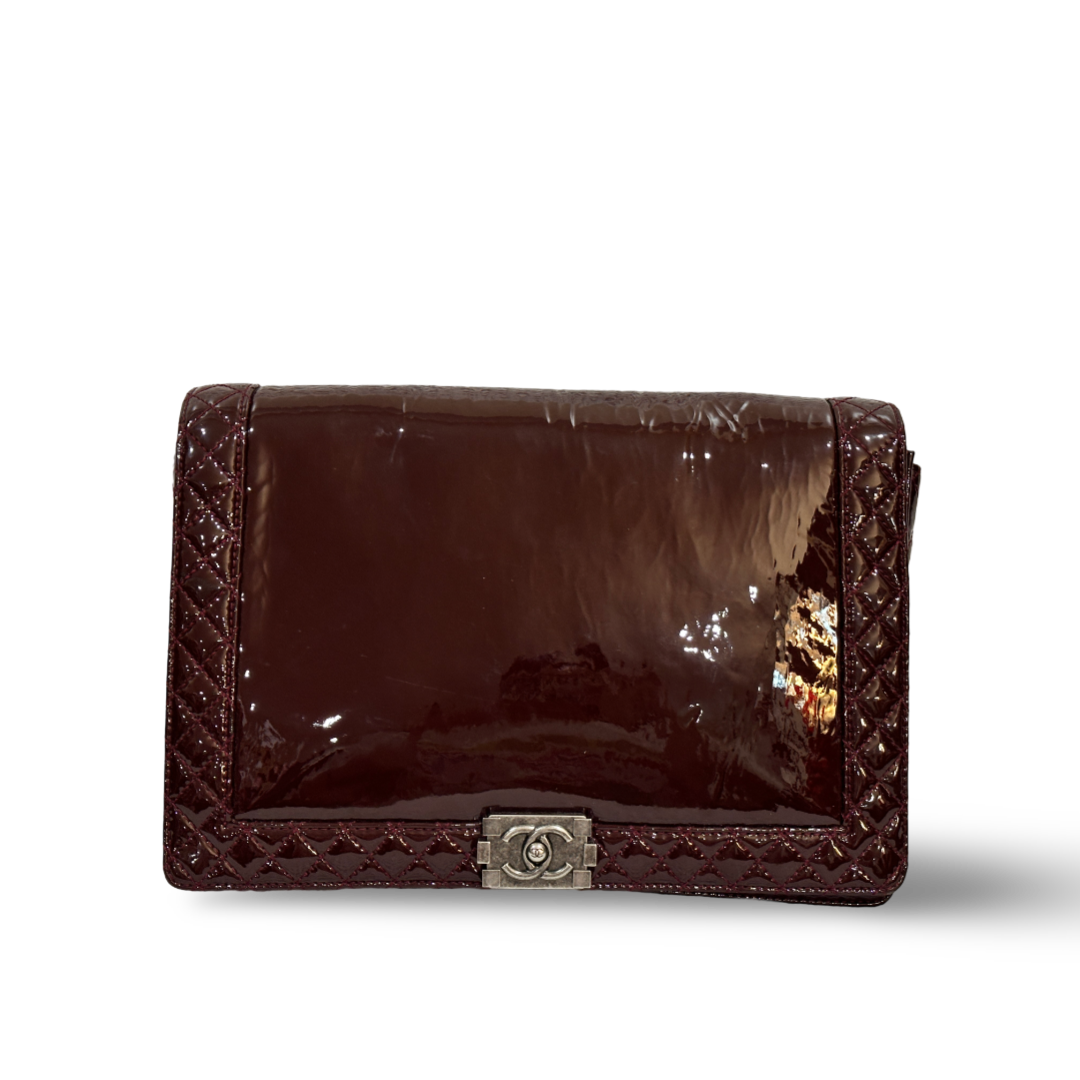 Chanel Patent Quilted Large Reverso Boy Flap Burgundy