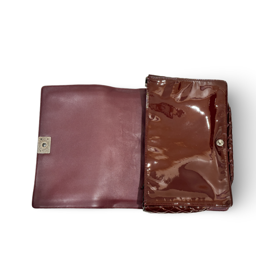 Chanel Patent Quilted Large Reverso Boy Flap Burgundy