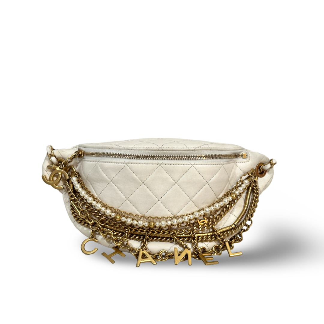 Chanel Lambskin Quilted All About Chains Waist Belt Bag White