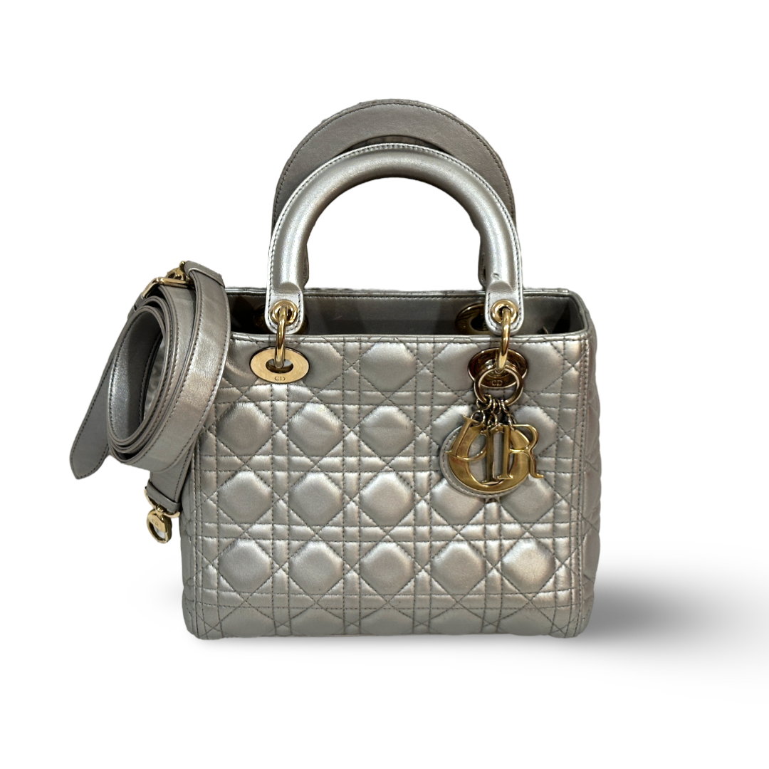 Dior Cannage Lambskin Medium Lady Bag Silver