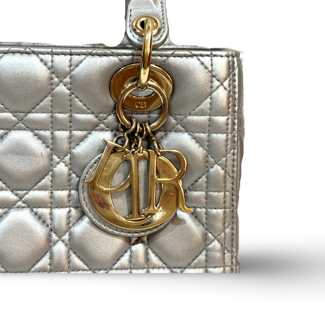 Dior Cannage Lambskin Medium Lady Bag Silver