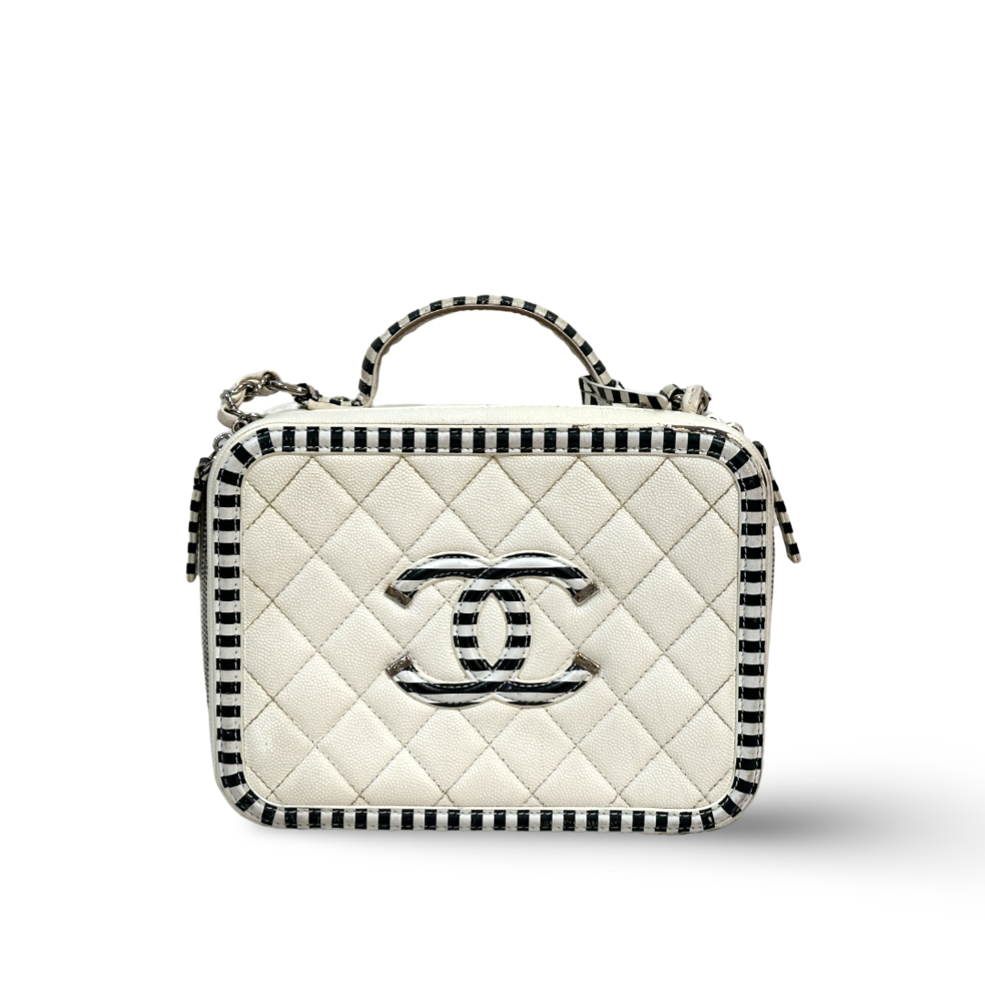Chanel Caviar Medium Stripe Vanity Case White/Black
