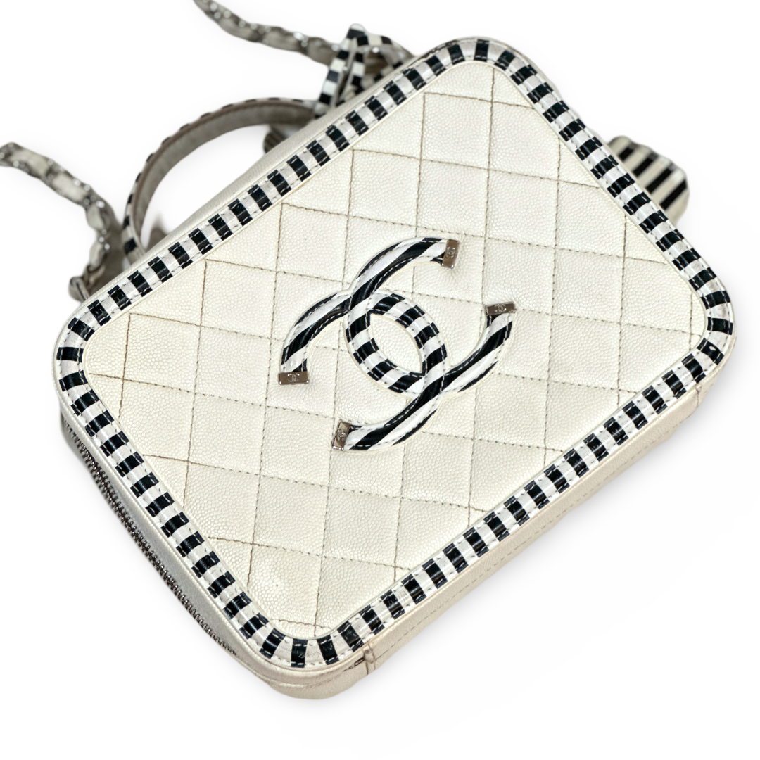 Chanel Caviar Medium Stripe Vanity Case White/Black