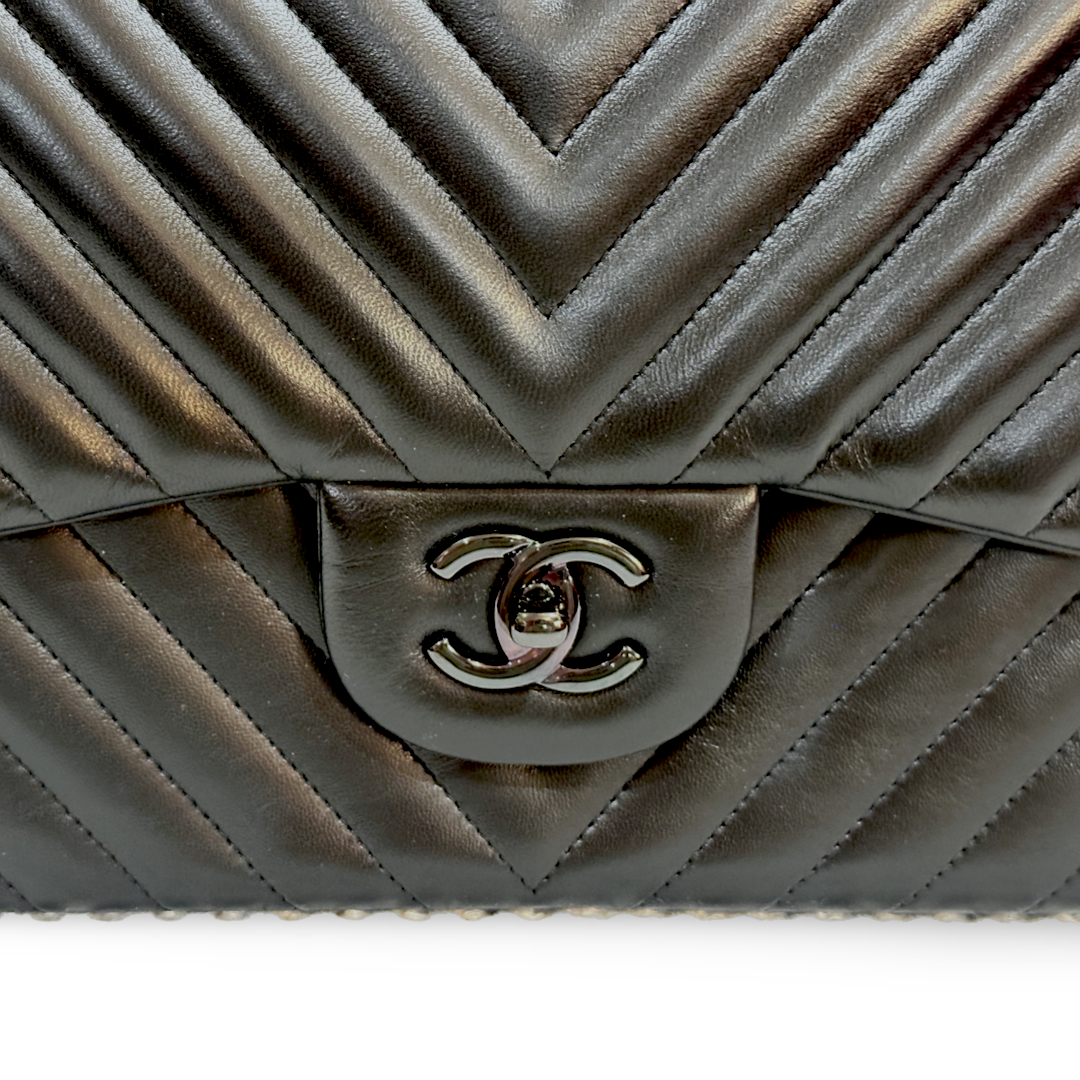 Chanel Chevron Lambskin Jumbo So Black Double Flap Black