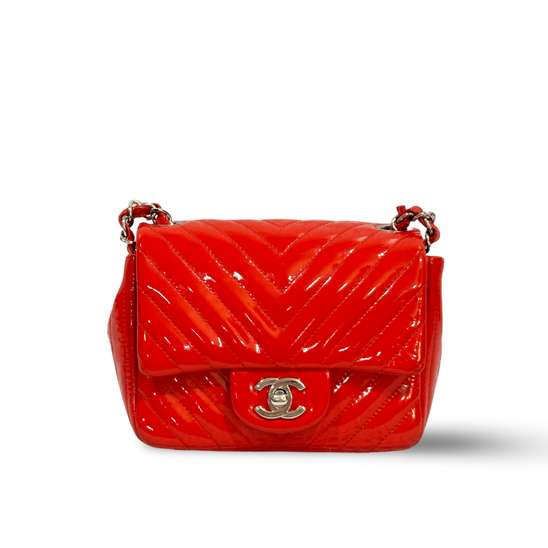 Chanel Chevron Patent Quilted Mini Square Single Flap Red