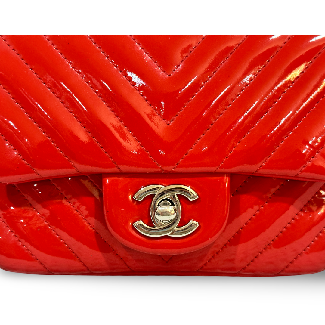 Chanel Chevron Patent Quilted Mini Square Single Flap Red