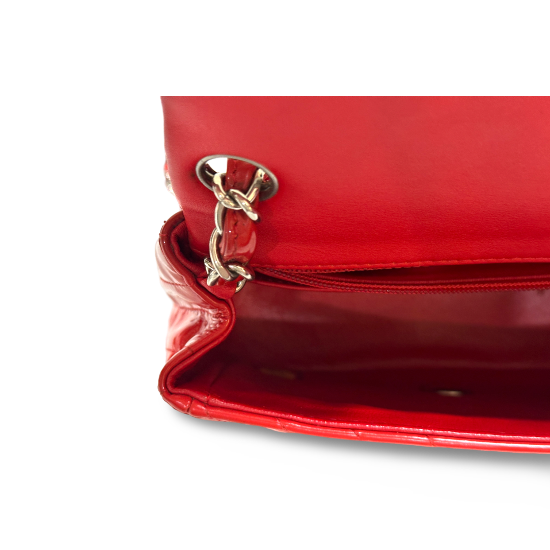 Chanel Chevron Patent Quilted Mini Square Single Flap Red