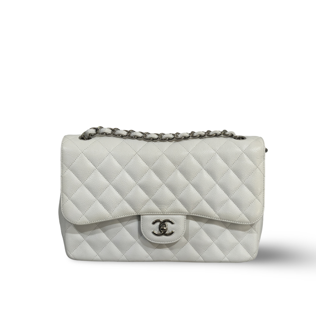Chanel Classic Caviar Quilted Jumbo Double Flap White