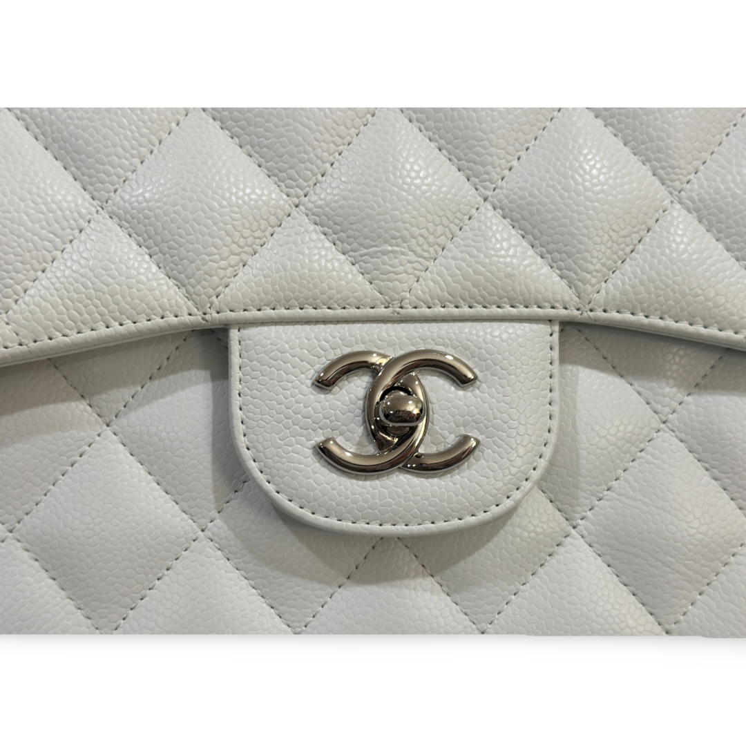 Chanel Classic Caviar Quilted Jumbo Double Flap White