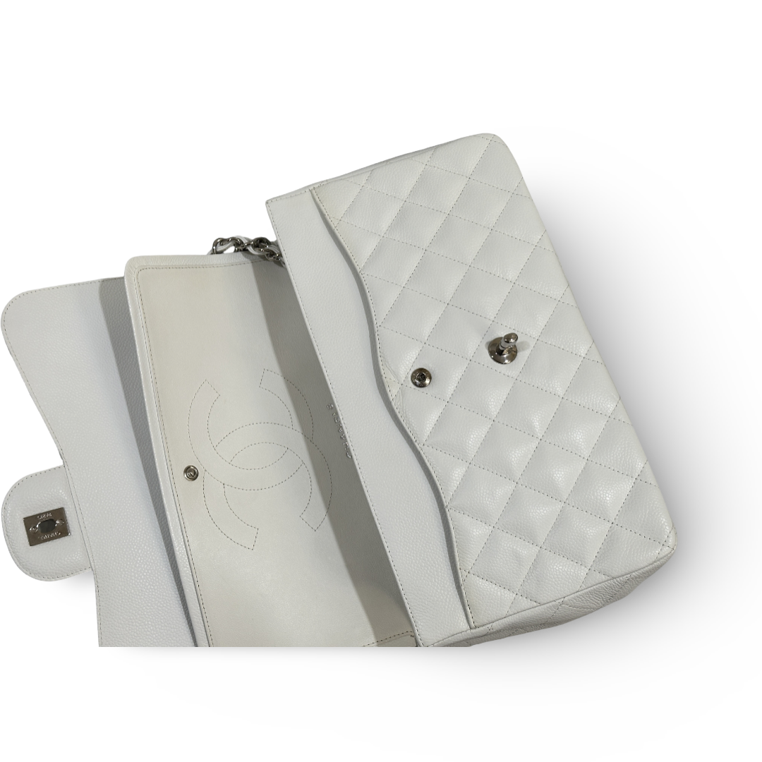 Chanel Classic Caviar Quilted Jumbo Double Flap White
