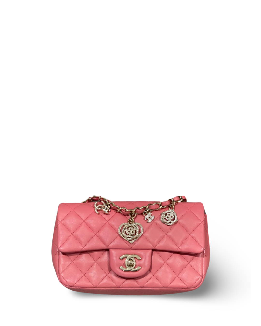 Chanel Quilted Lambskin with Valentine Charms Mini Rectangular Rose Pink Single Flap