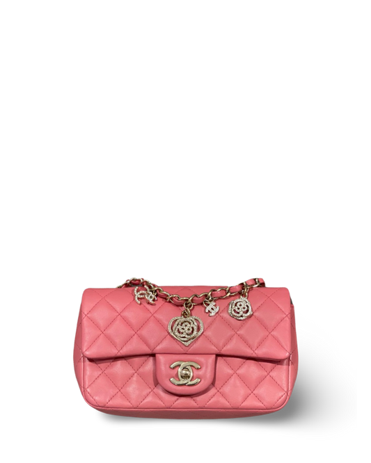 Chanel Quilted Lambskin with Valentine Charms Mini Rectangular Rose Pink Single Flap