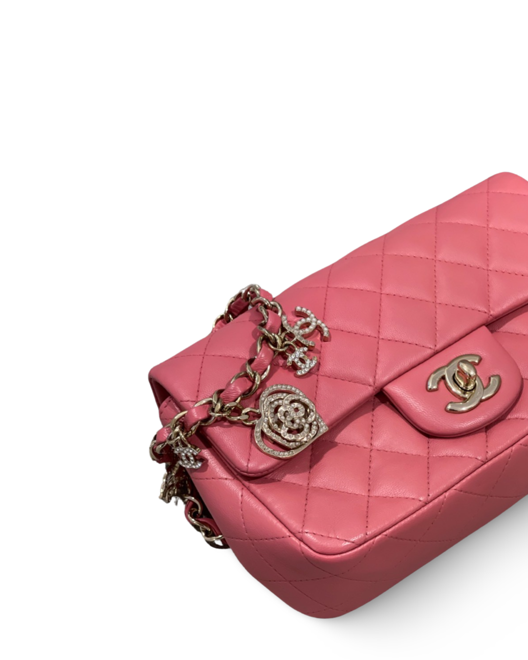 Chanel Quilted Lambskin with Valentine Charms Mini Rectangular Rose Pink Single Flap