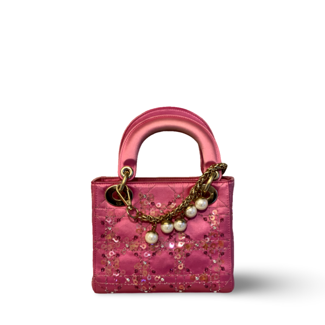 Dior Satin Mini Lady Rose Pink Bag With Pearl Chain