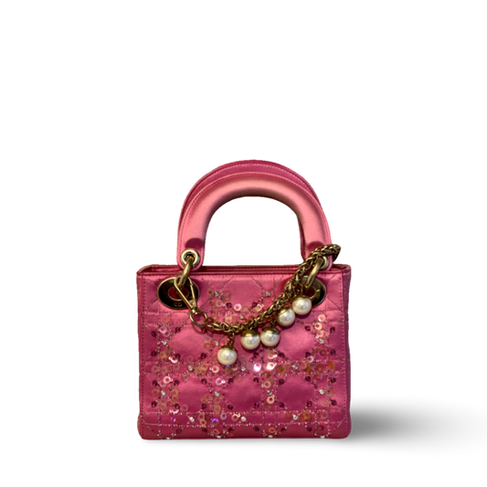Dior Satin Mini Lady Rose Pink Bag With Pearl Chain