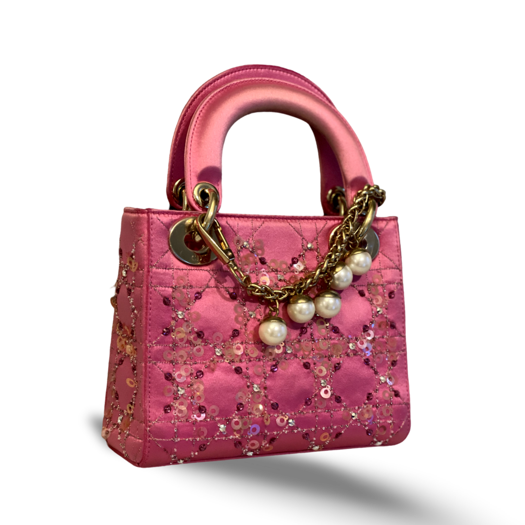 Dior Satin Mini Lady Rose Pink Bag With Pearl Chain