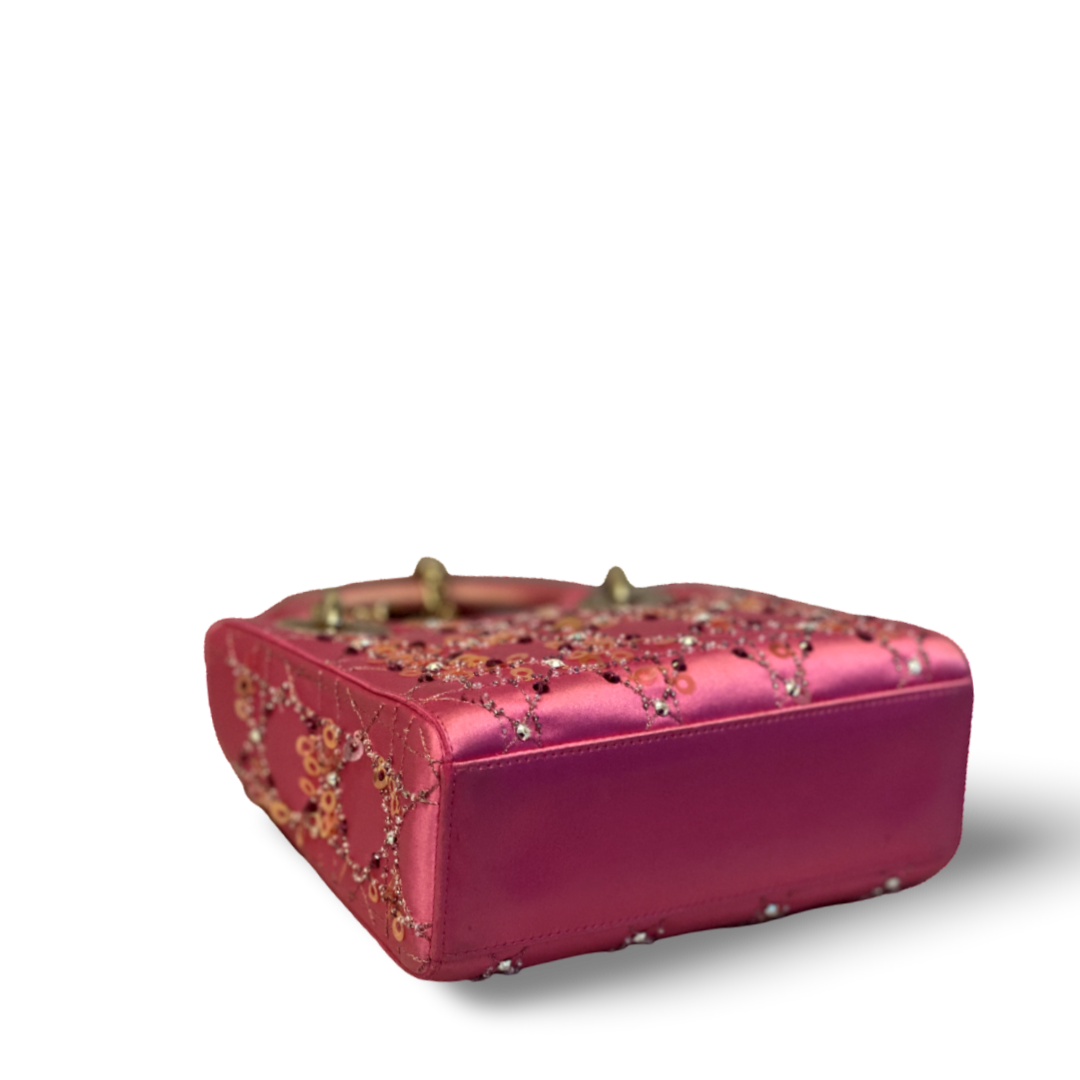 Dior Satin Mini Lady Rose Pink Bag With Pearl Chain