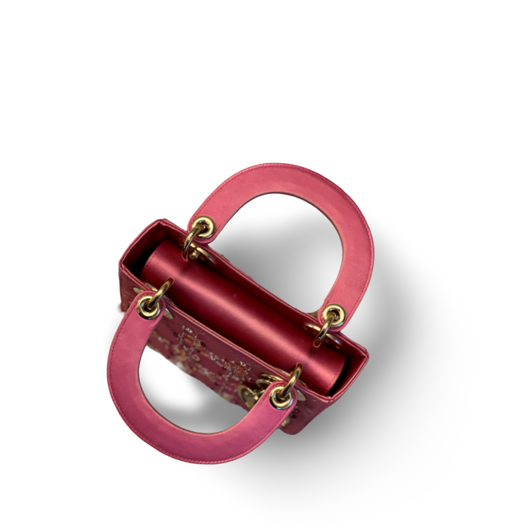 Dior Satin Mini Lady Rose Pink Bag With Pearl Chain