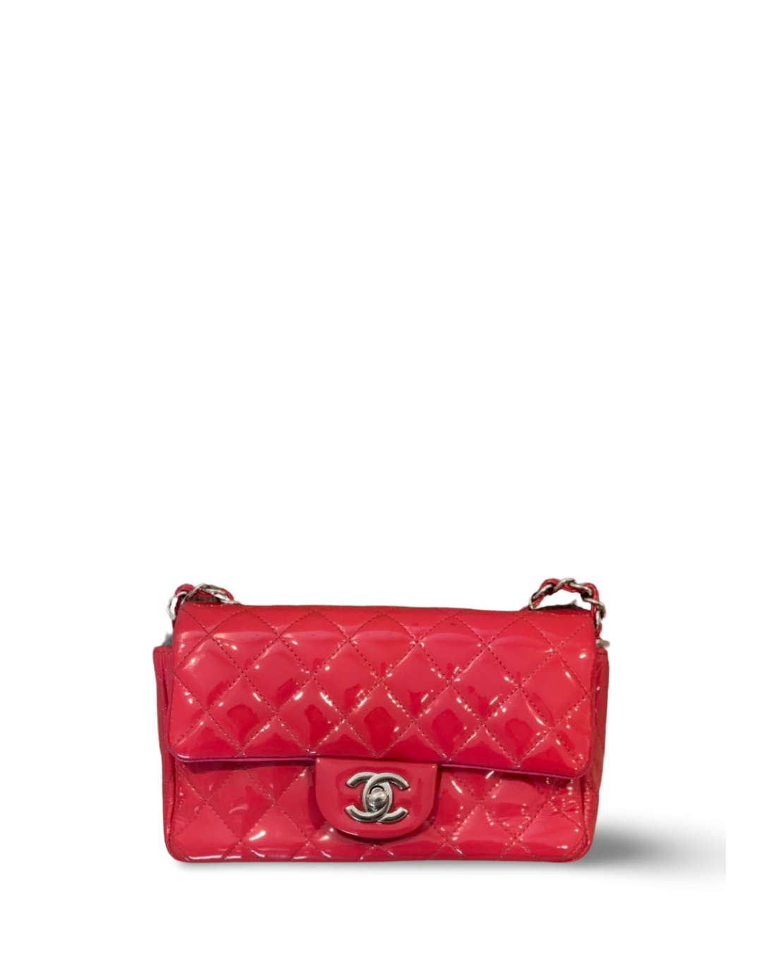 Chanel Classic Patent Quilted Mini Rectangular Peach Pink Single Flap