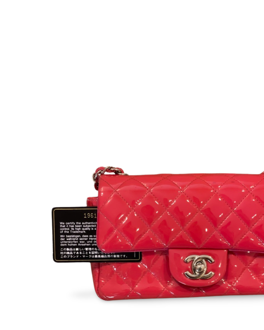 Chanel Classic Patent Quilted Mini Rectangular Peach Pink Single Flap