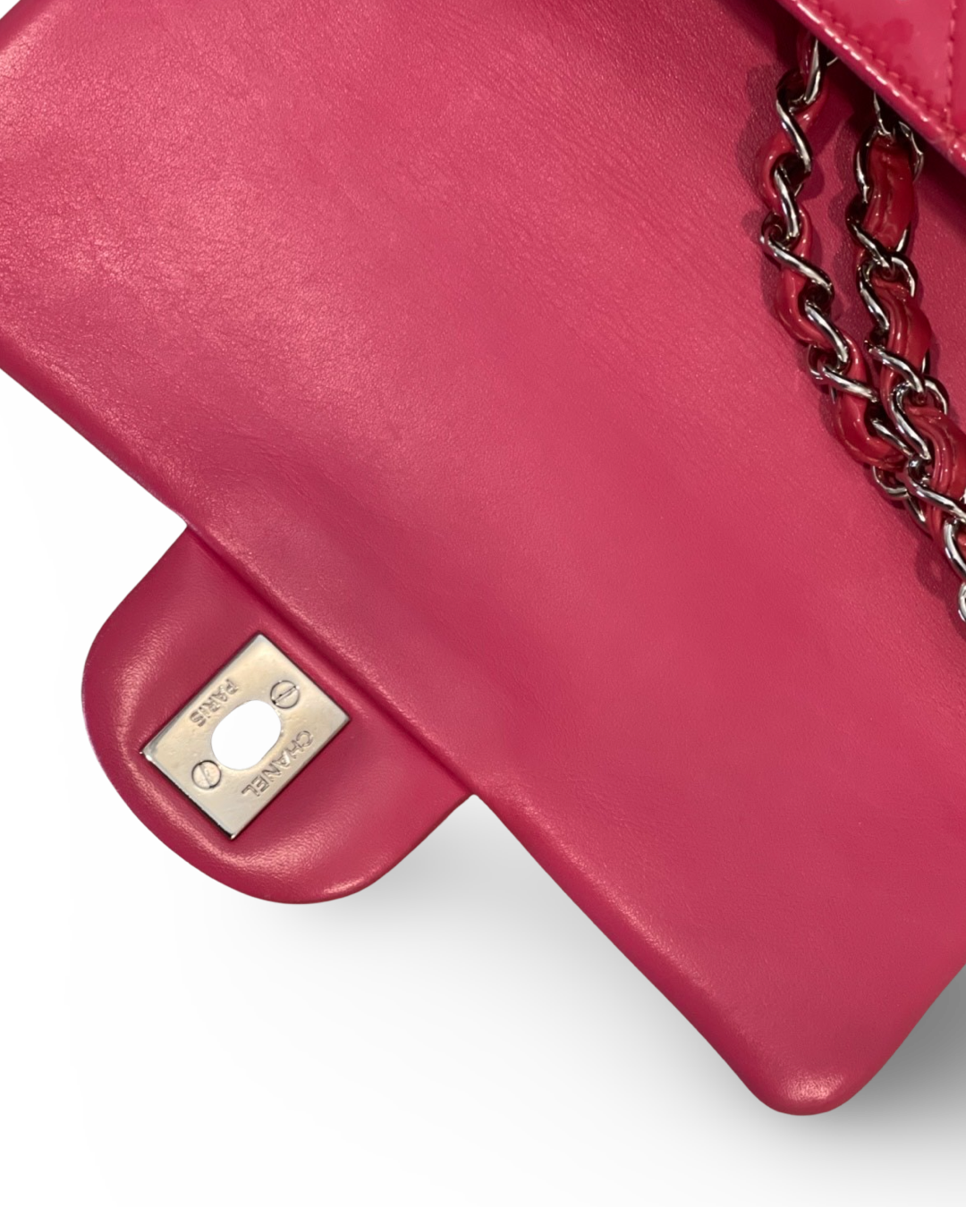 Chanel Classic Patent Quilted Mini Rectangular Peach Pink Single Flap