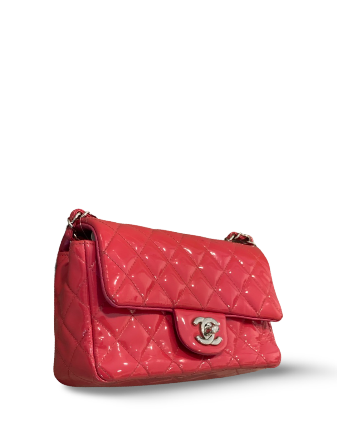 Chanel Classic Patent Quilted Mini Rectangular Peach Pink Single Flap